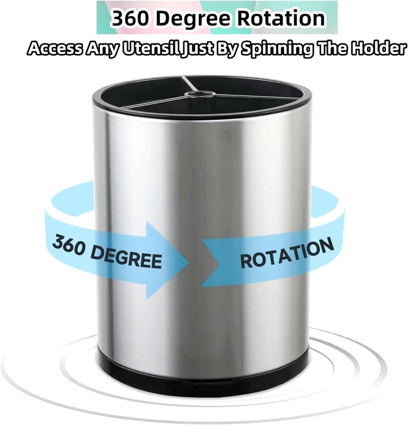 LIBODOUR Kitchen Utensil Holder Extra Large 360°Rotating For Counter Organizer Stainless Steel Storage Cooking Silverware Caddy 3 Compartment Flatware Spoon Spatula Tool Cutlery Container（Silvery） - Image 5